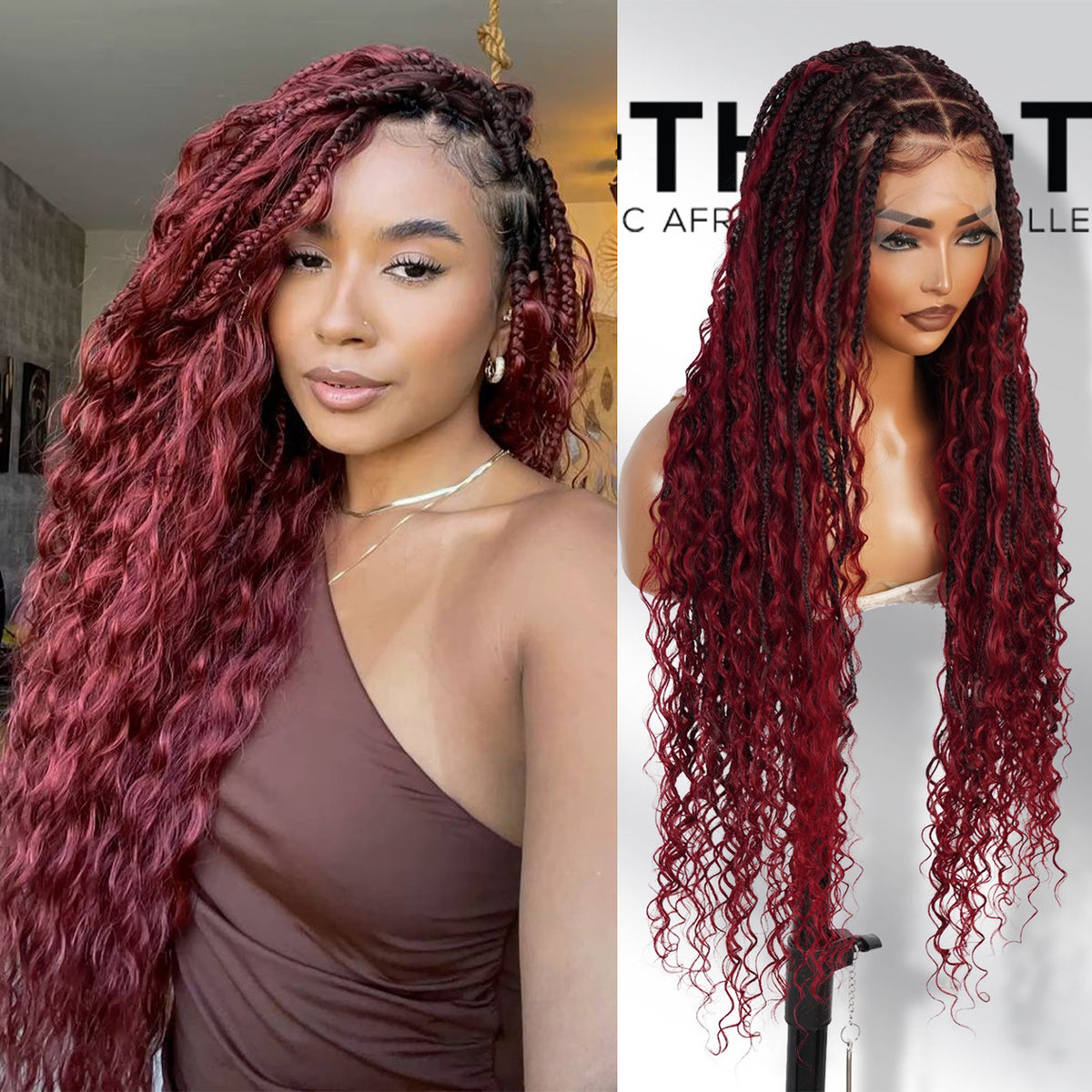 Authentic Glueless Full Lace Braided Wig Medium Knotless Boho Box Braid Deep Twist 1B/BUG 32" BW Unit3