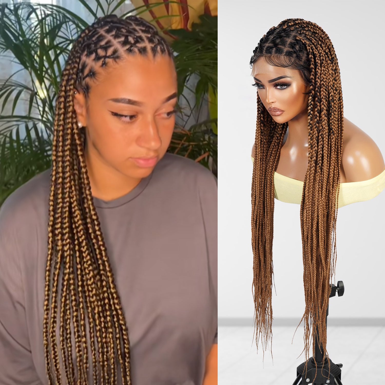 Authentic Glueless Full Lace Braided Wig Large Crisscross Frontal Knotless Box Braid 1B/27 36" BW Unit1