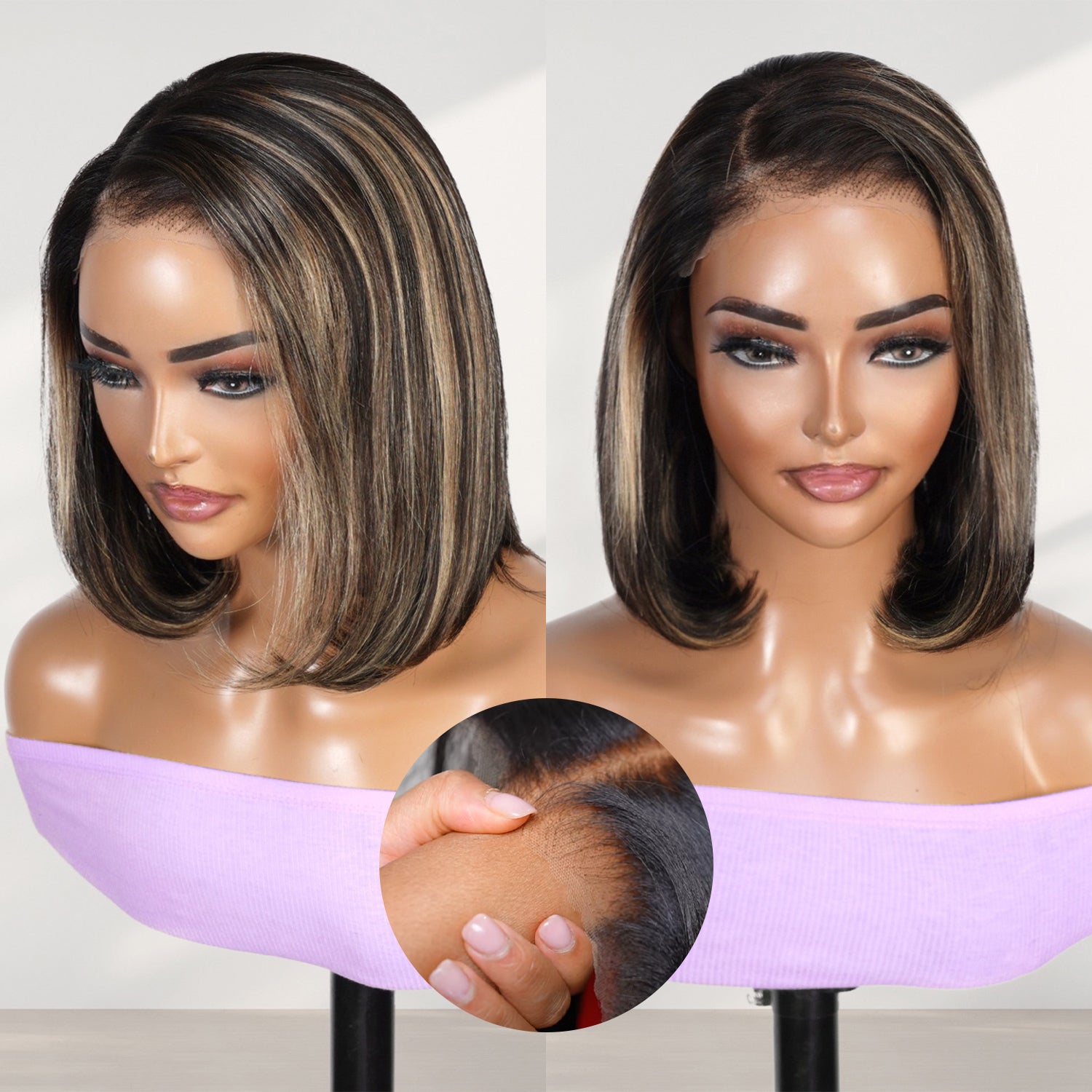 100% Human Hair Wear and Go Pre Cut Pre Plucked Glueless 7x5 Closure Wig Straight Bob Balayage Highlight 12"