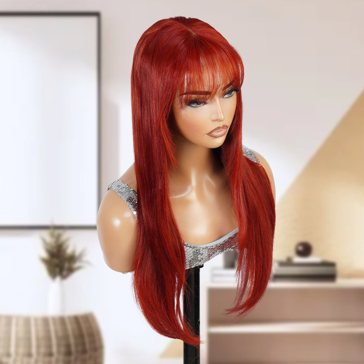 100% Human Hair Wear and Go Pre Cut Pre Plucked Glueless 4x4 Closure Wig Straight with Bang #33 22"