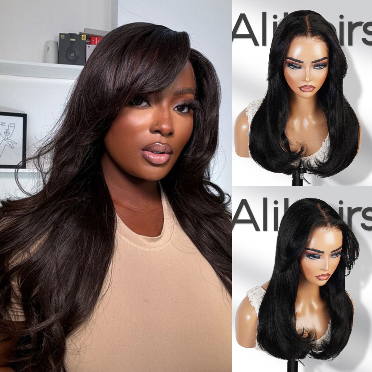 100% Human Hair Wear and Go Pre Cut Pre Plucked Glueless 7x5 Closure Wig Layered Straight with Curtain Bang Natural 18"