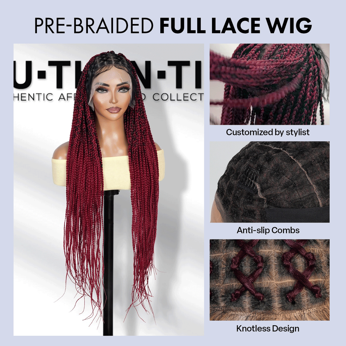 Authentic Glueless Full Lace Braided Wig Large Crisscross Frontal Knotless Box Braid 1B/BUG 36" BW Unit1
