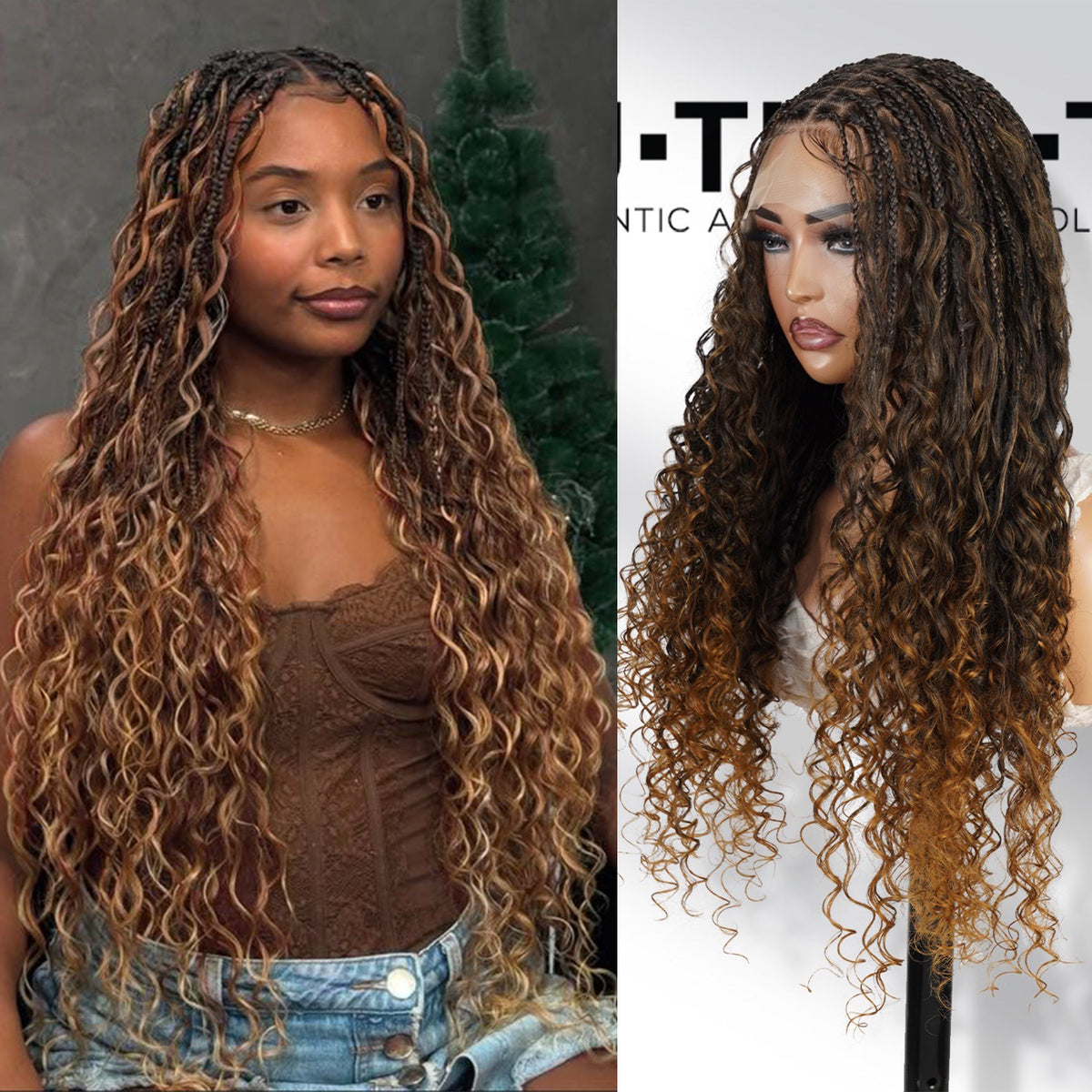 Authentic Glueless Full Lace Braided Wig Small Knotless Boho Box Braid Loose Curl 1B/27 24" BW Unit4