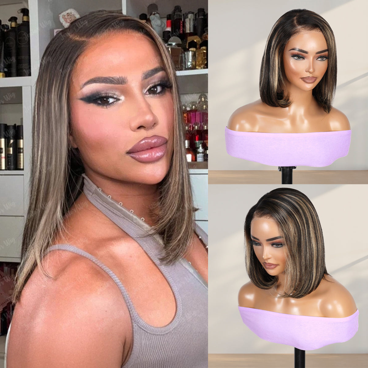 100% Human Hair Wear and Go Pre Cut Pre Plucked Glueless 7x5 Closure Wig Straight Bob Balayage Highlight 12"