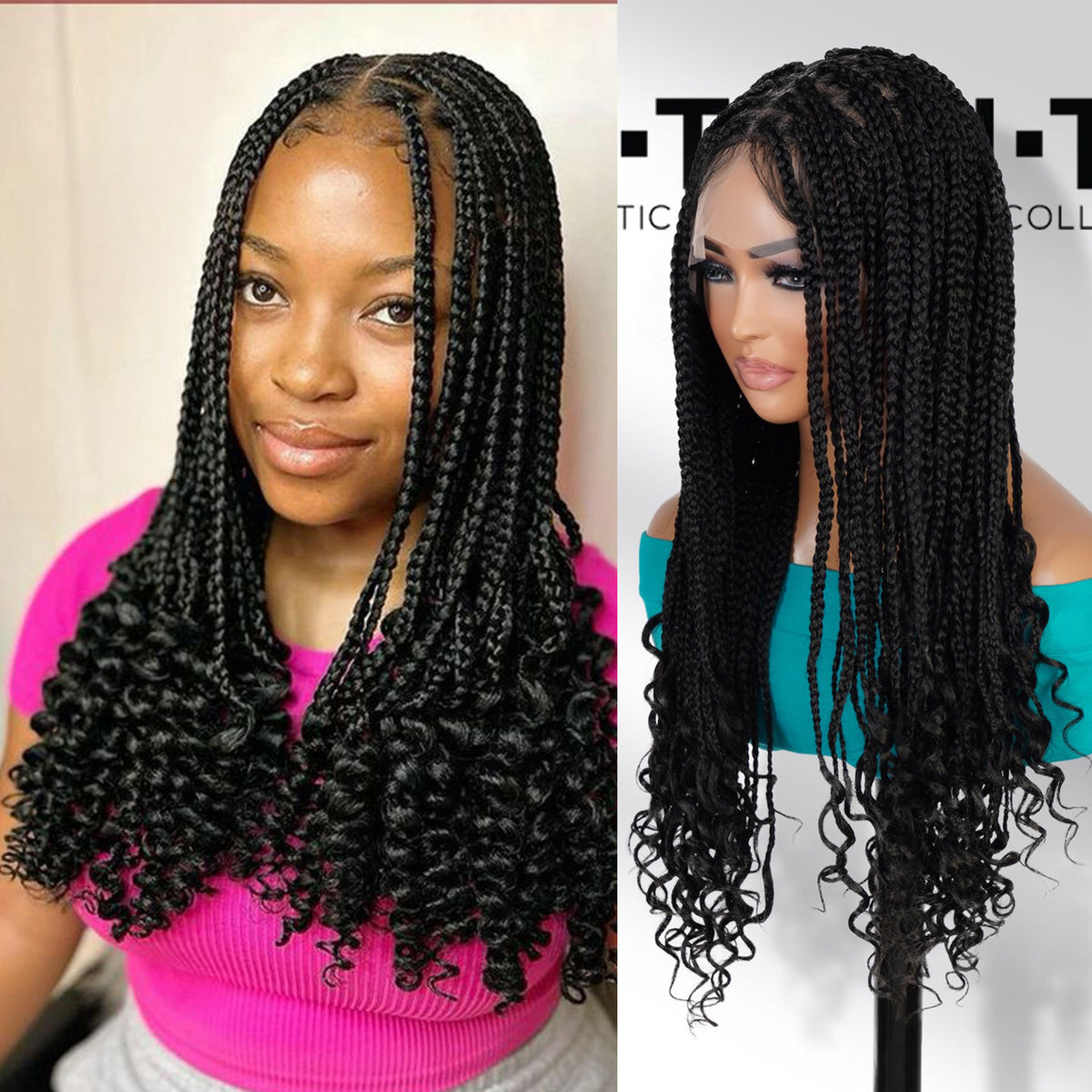 Authentic Glueless Full Lace Braided Wig Medium Knotless Goddess Box Braids Loose Curly Tips 1B 24" BW Unit7
