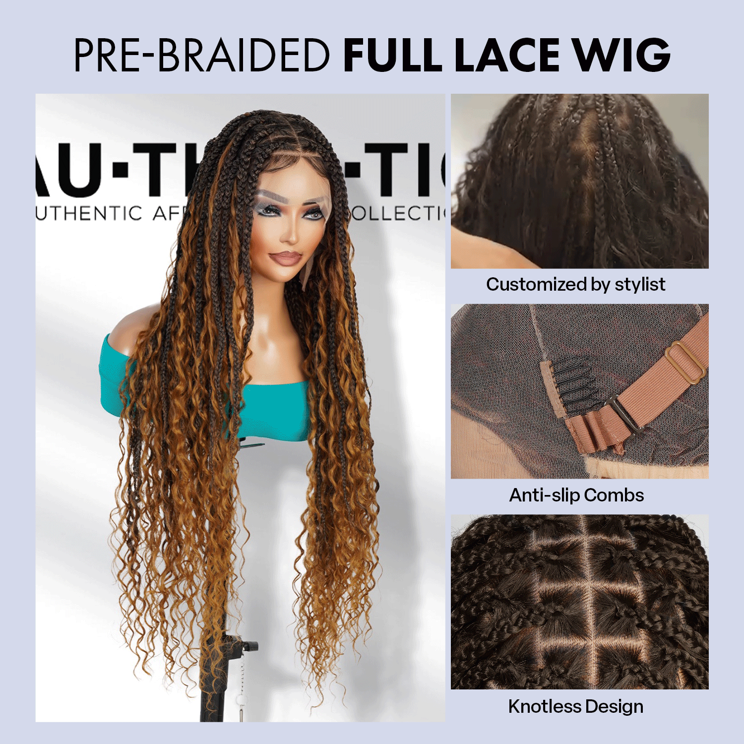 Authentic Glueless Full Lace Braided Wig Medium Knotless Boho Box Braid Deep Twist 1B/27 32" BW Unit3