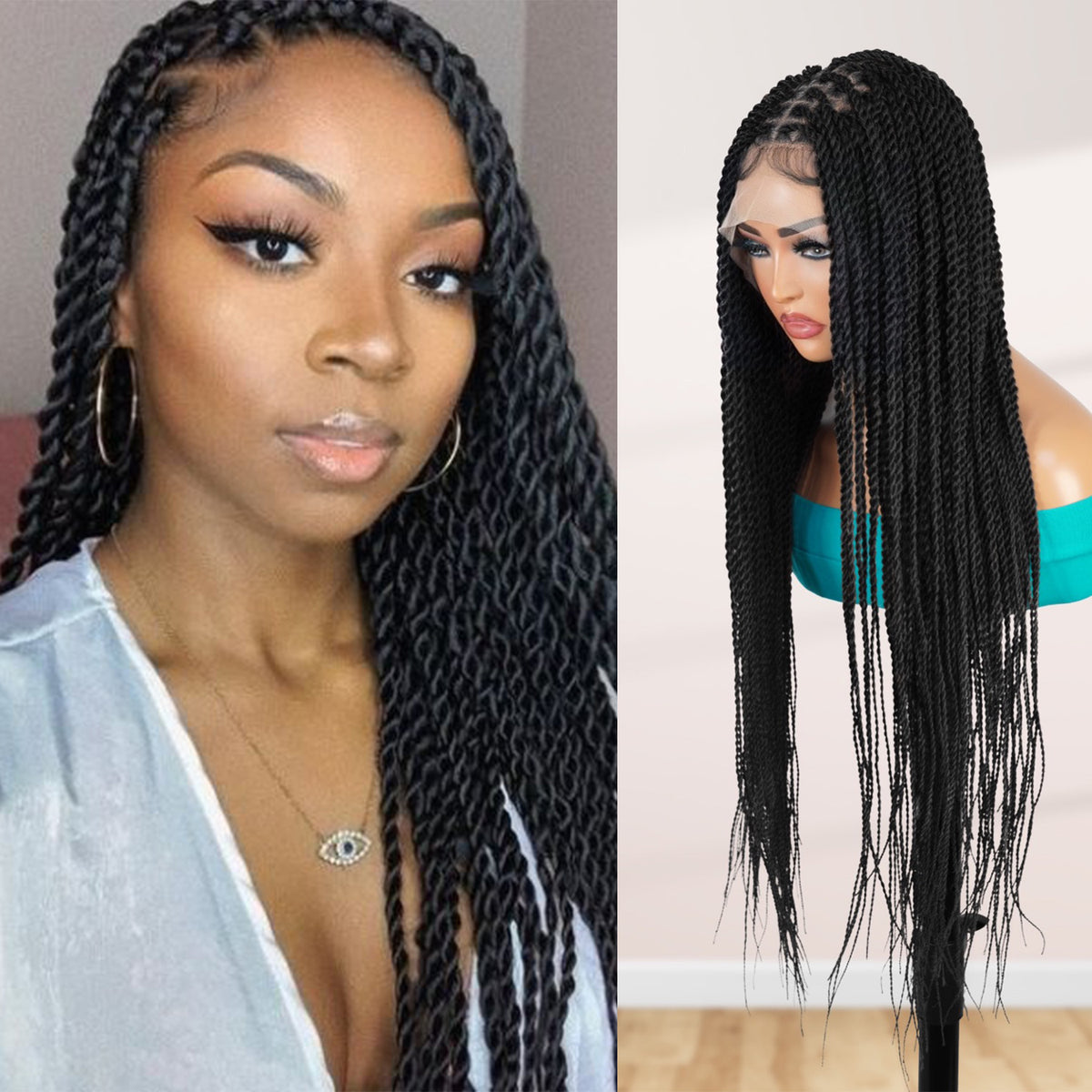 Authentic Glueless Full Lace Braided Wig Medium Knotless Senegalese Twist 1B 26" BW Unit2