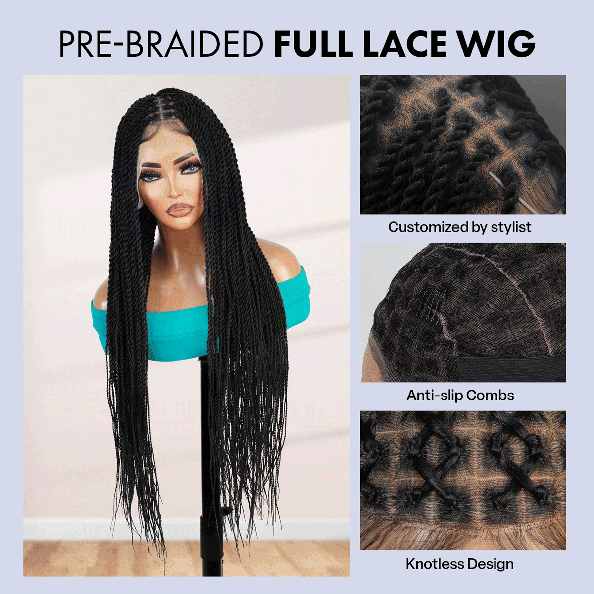Authentic Glueless Full Lace Braided Wig Medium Knotless Senegalese Twist 1B 26" BW Unit2