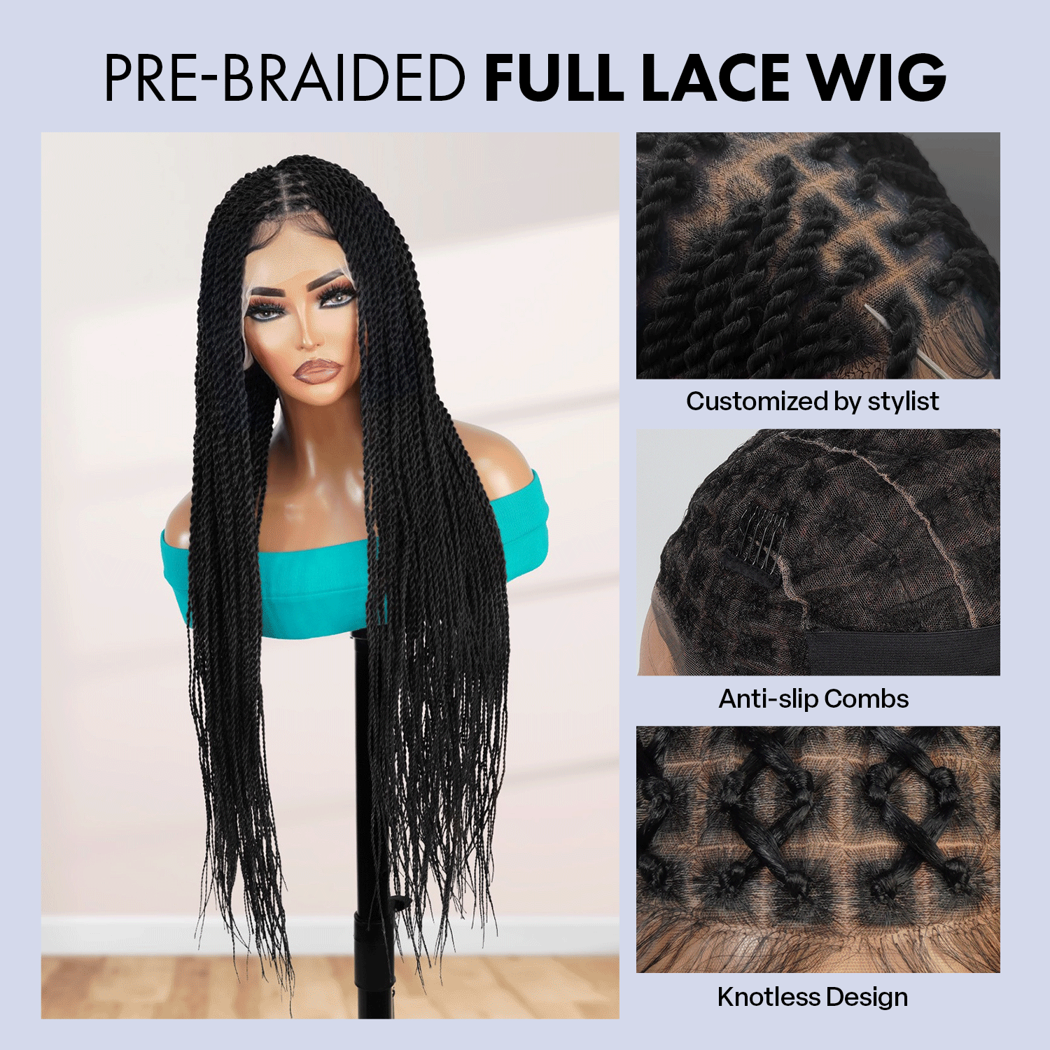 Authentic Glueless Full Lace Braided Wig Medium Knotless Senegalese Twist 1B 26" BW Unit2
