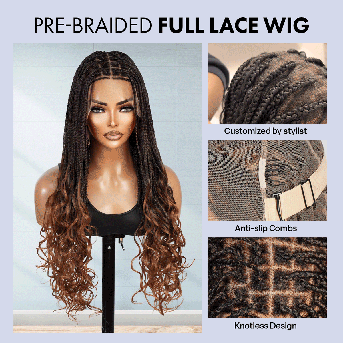 Authentic Glueless Full Lace Braided Wig Small Knotless Goddess Box Braids French curl Curly Tips 1B/30 28" BW Unit8