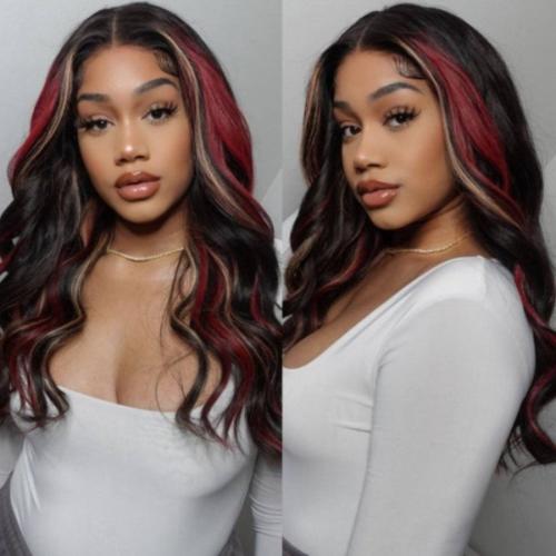 UpScale 100% Human Hair Glueless Pre Plucked 13x6 Lace Frontal Wig Red Blonde Highlight Body Wave 24"
