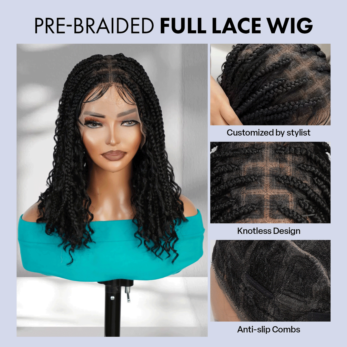 Authentic Glueless Full Lace Braided Wig Medium Knotless Boho Box Braid Spiral Curl Bob 1B 12" BW Unit9
