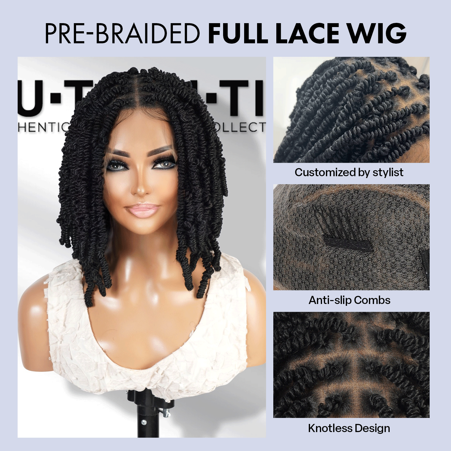 Authentic Glueless Full Lace Braided Wig Passion Spring Twists 1B 12" BW Unit17