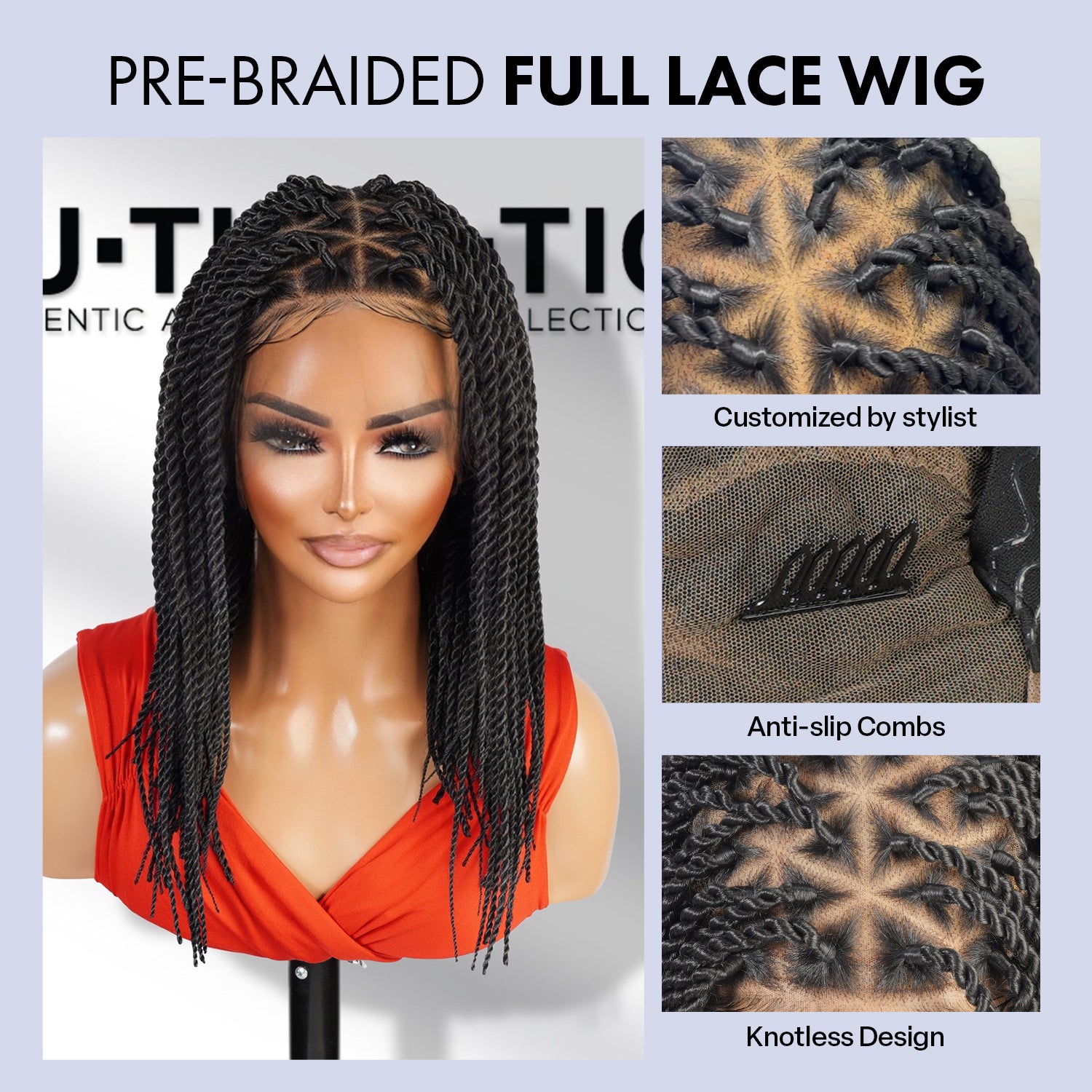 Authentic Glueless Full Lace Braided Wig Medium Knotless Senegalese Twist Triangle Parts 1B 14" BW Unit18