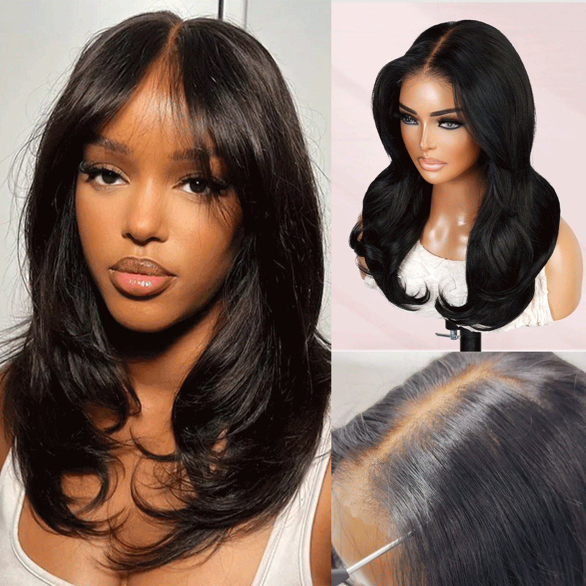 100% Human Hair Wear and Go Pre Cut Pre Plucked Glueless 7x5 Closure Wig Layered Blow Out with Curtain Bangs Natural 16"