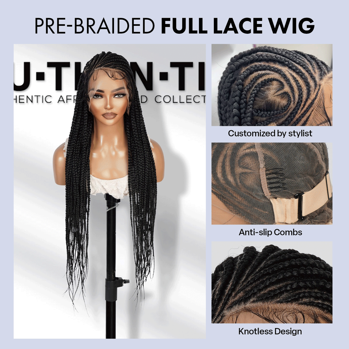 Authentic Glueless Full Lace Braided Wig Large Side Part Feed-In Braids Heart Design 1B 36" BW Unit12
