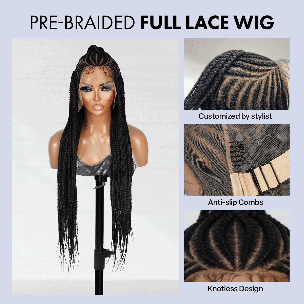 Authentic Glueless Full Lace Braided Wig Medium Half Up Fulani Crisscross Design Feed-In Braids 36" 1B BW Unit13