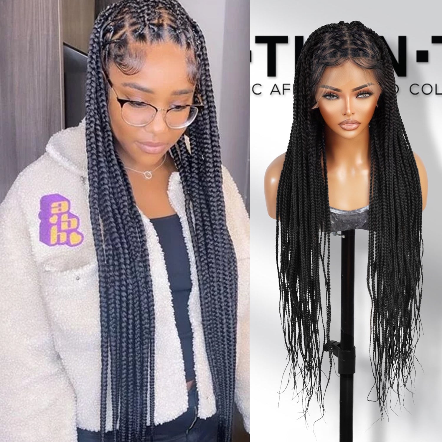 Authentic Glueless Full Lace Braided Wig Large Crisscross Frontal Knotless Box Braid 1B 36" BW Unit1
