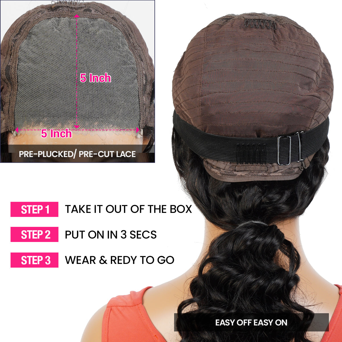100% Human Hair Wear and Go Pre Cut Pre Plucked Glueless 5x5 Lace Wig Natural wave bob 12"