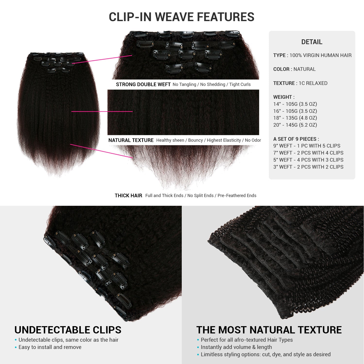 Instant Fab Human Hair Clip-In Extensions Natural 1C Relaxed Natural