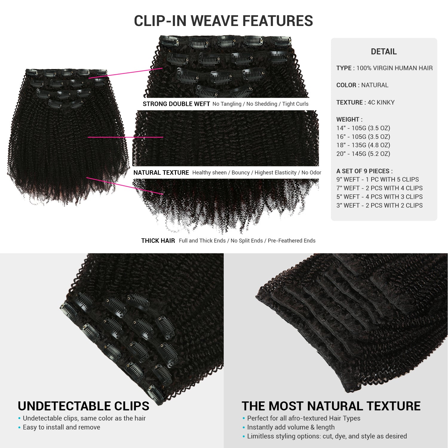 Instant Fab Human Hair Clip-In Extensions Natural 4C Kinky Curl