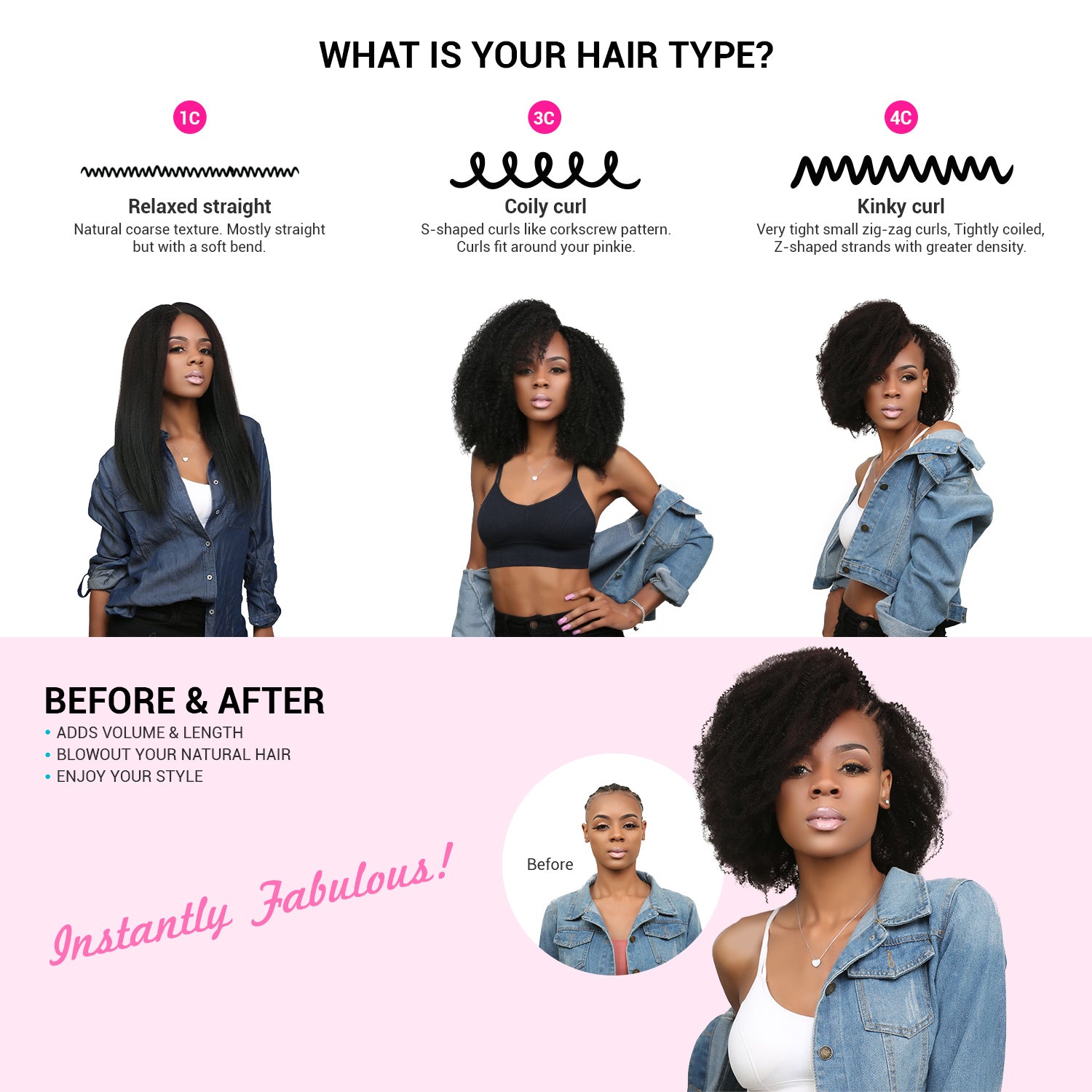 Instant Fab Human Hair Clip-In Extensions Natural 4C Kinky Curl