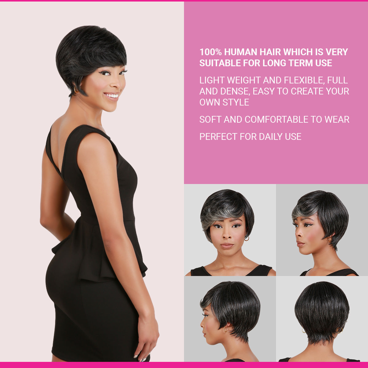 100% Human Hair which is very suitable for long term use. light weight and flexible full and dense, easy to create your own pixie cut style, soft and comfortable to wear for daily wig.