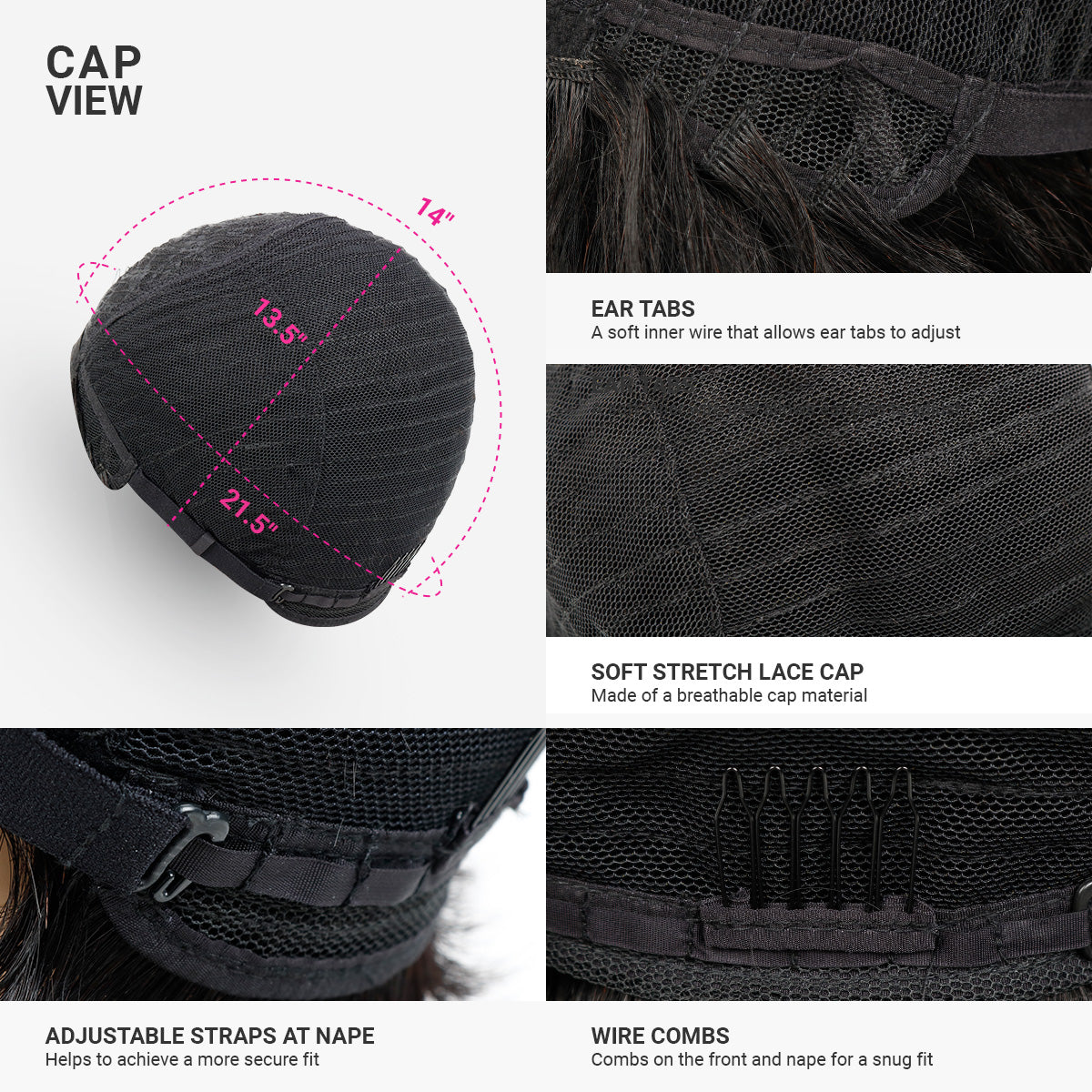 human hair short wig with cap view, a soft inner wire that allows ear tabs to adjust, made of a breathable cap material, helps to achieve a secure fit, combs on the front and nape for a snug fit