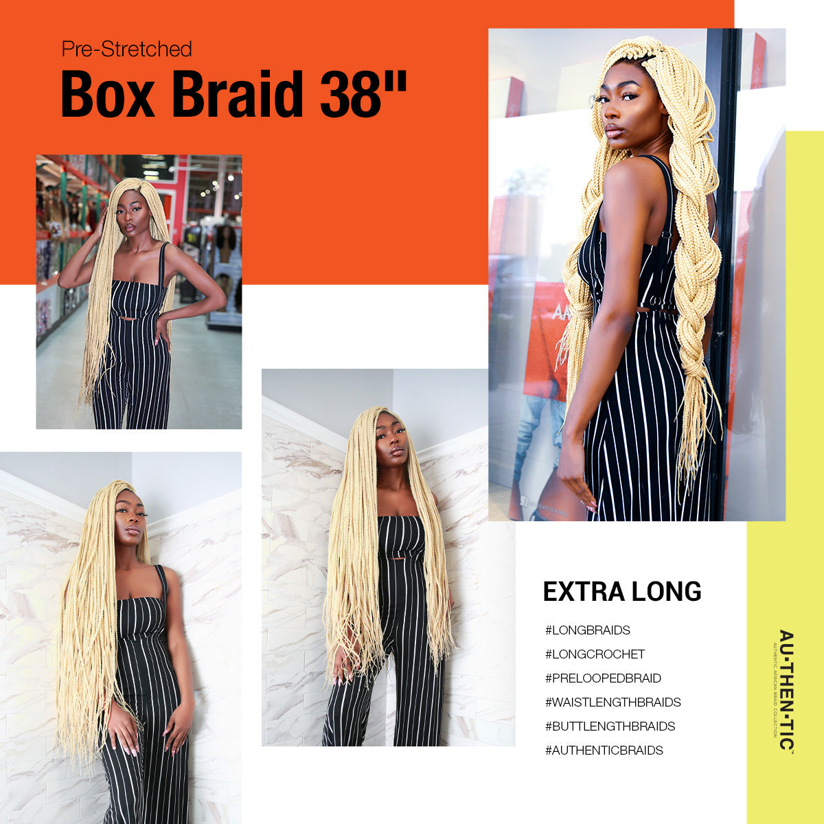 Authentic Synthetic Hair Crochet Braid Pre-Looped Box Braid 38"