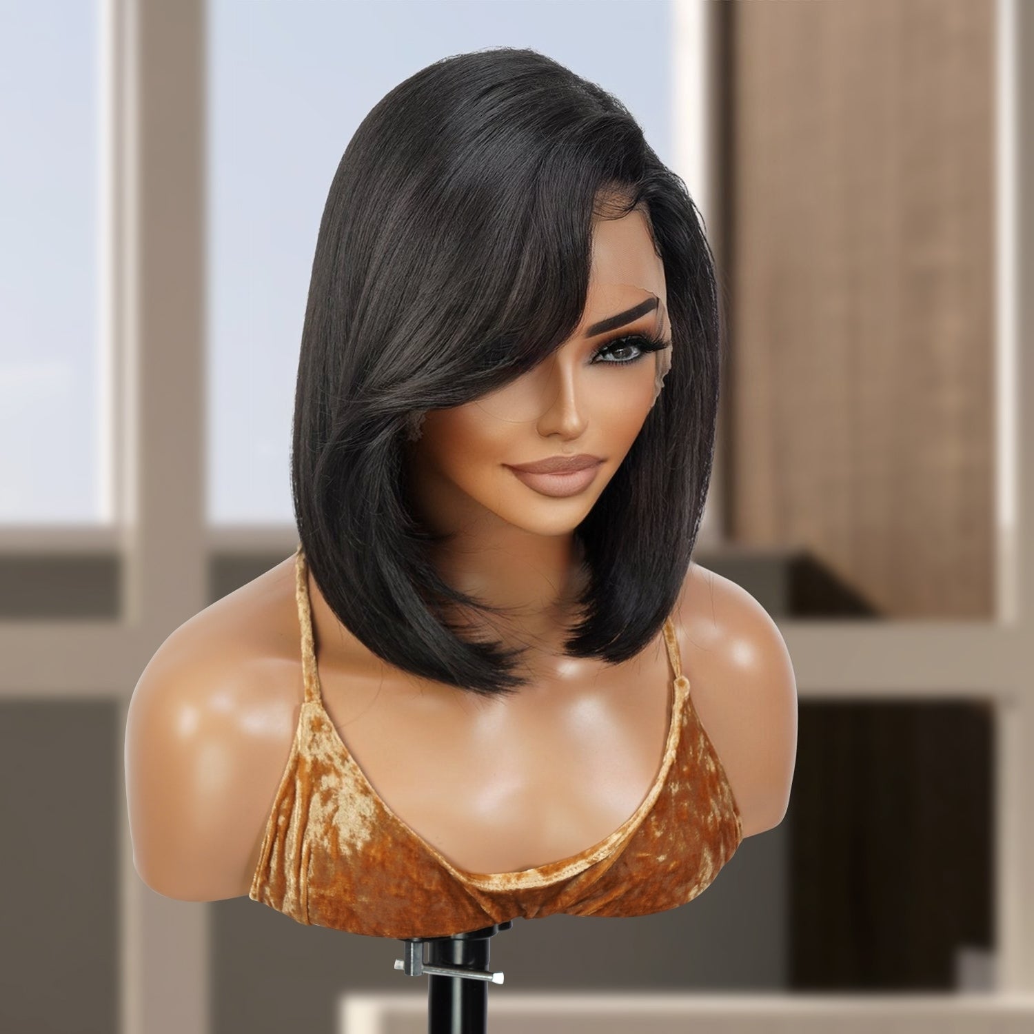 Multi-Parting, 13X6, Human Hair Blend, Frontal Wig, Invisible Lace, Bob, Layered Bob, Feathered Bob, Pre-Plucked, Yaki Textured, Shoulder-Length Bob
