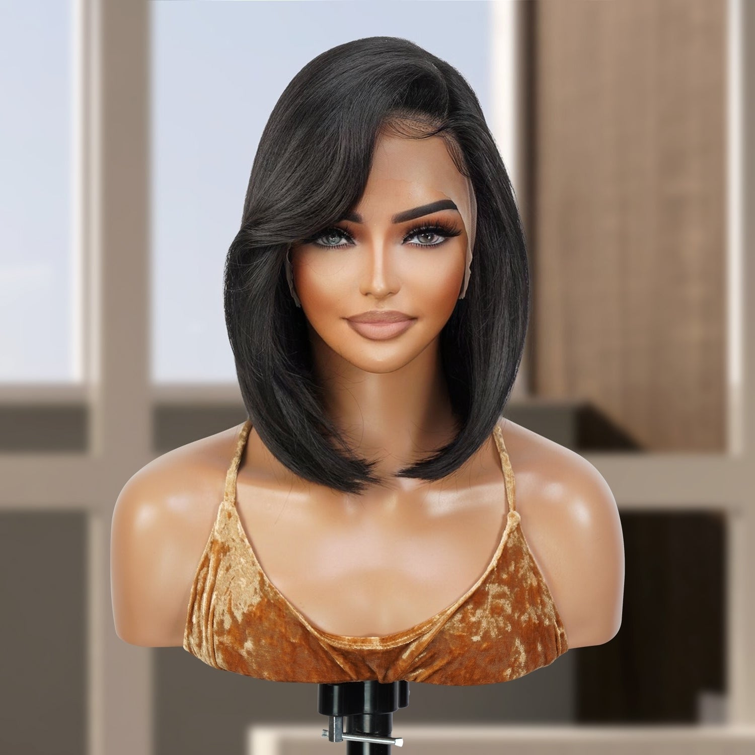 Multi-Parting, 13X6, Human Hair Blend, Frontal Wig, Invisible Lace, Bob, Layered Bob, Feathered Bob, Pre-Plucked, Yaki Textured, Shoulder-Length Bob