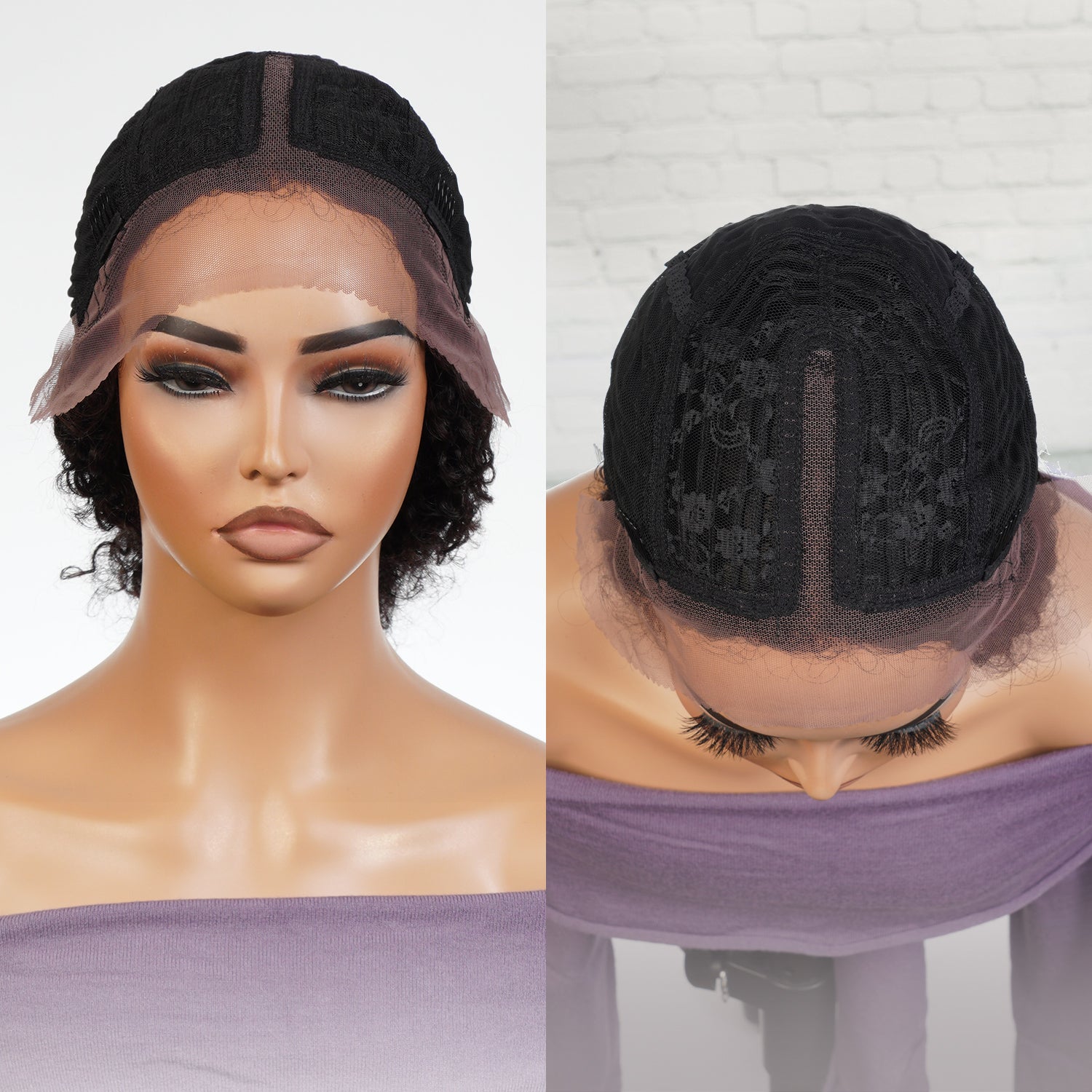 100% Virgin Remi Human Hair HD Transparent T-Part Lace Short Curly Wig Onyx