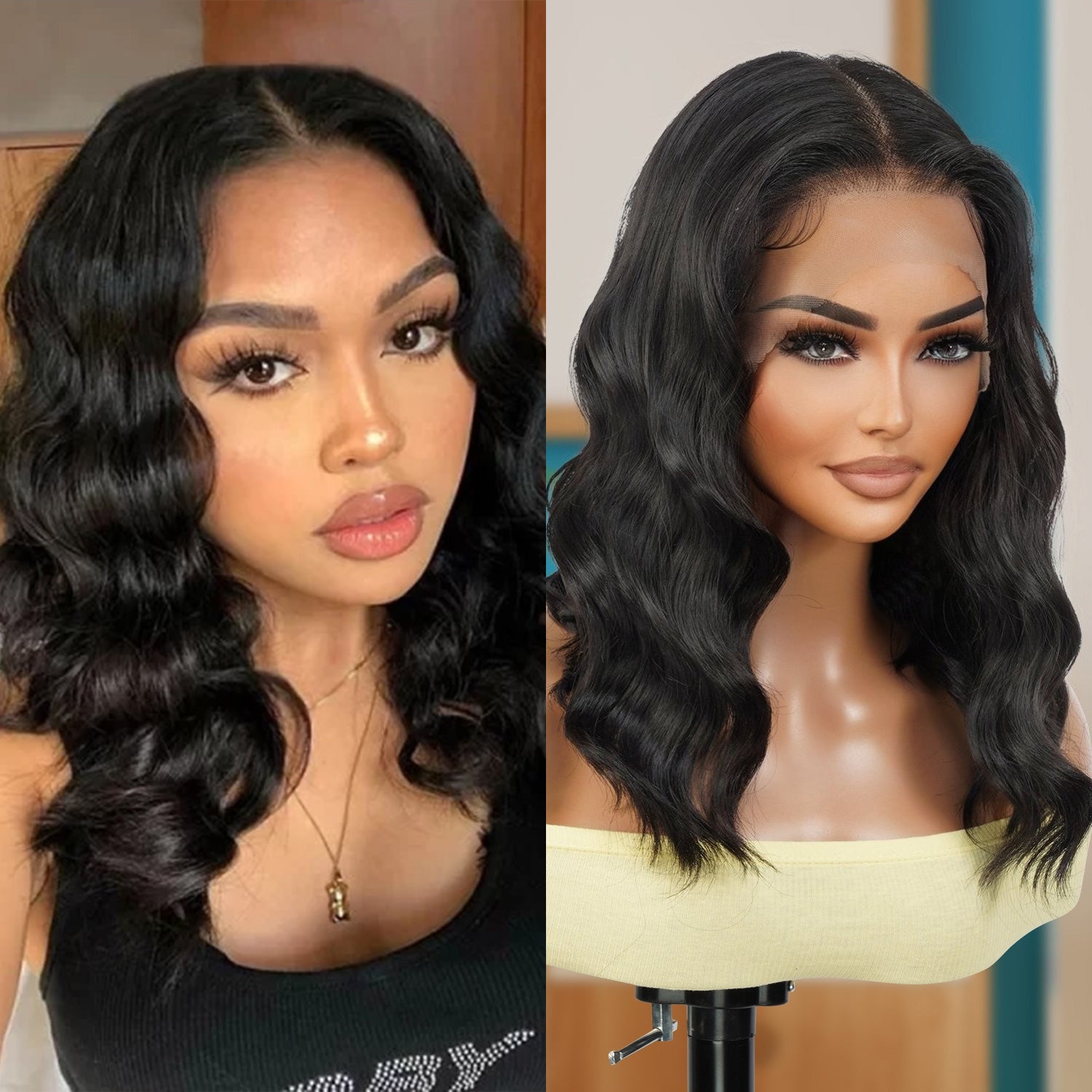 Multi-Parting, 13X6, Human Hair Blend, Frontal Wig, Invisible Lace, Pre-Plucked, Wavy Long Bob, Mid-Length Loose Wave, 