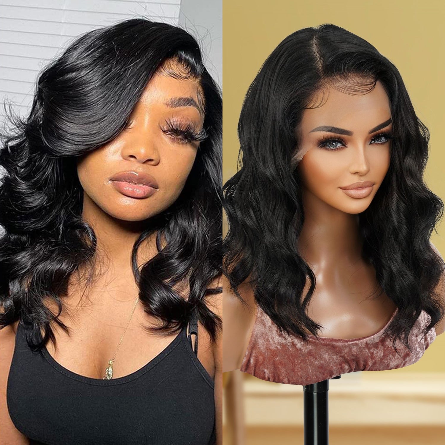 Multi-Parting, 13X6, Human Hair Blend, Frontal Wig, Invisible Lace, Pre-Plucked, Wavy Long Bob, Mid-Length Loose Wave, 