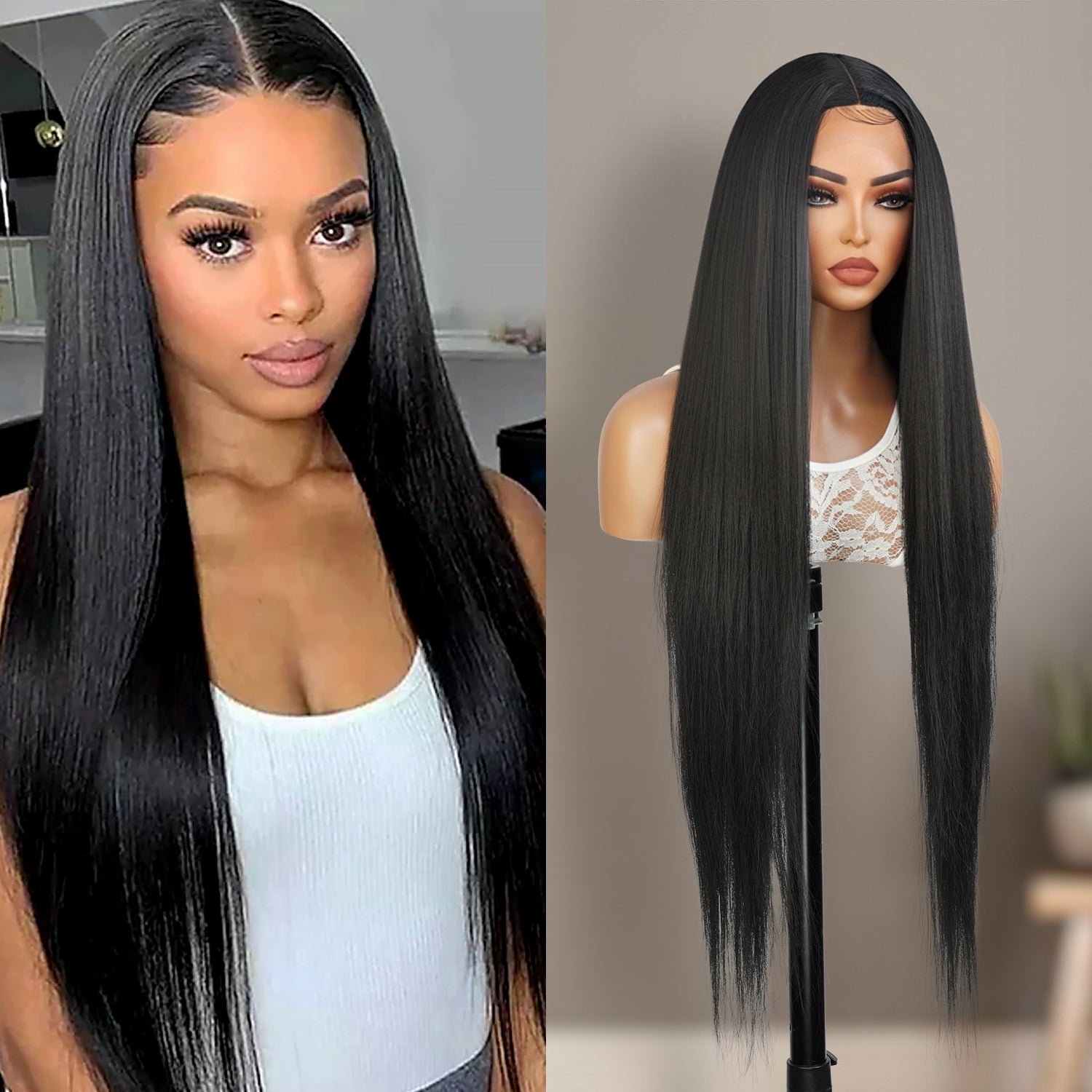 Introducing our stunning 36-inch waist-length straight Swiss lace front wig! Made with heat-resistant synthetic fibers, this wig offers a natural-looking hairline with a 4.5" deep middle center part design, perfect for black women. The soft Swiss lace front ensures comfort and security, while adjustable straps allow for a customizable fit. Elevate your style and enhance your beauty effortlessly with this must-have wig. Shop now for ultimate style and versatility!