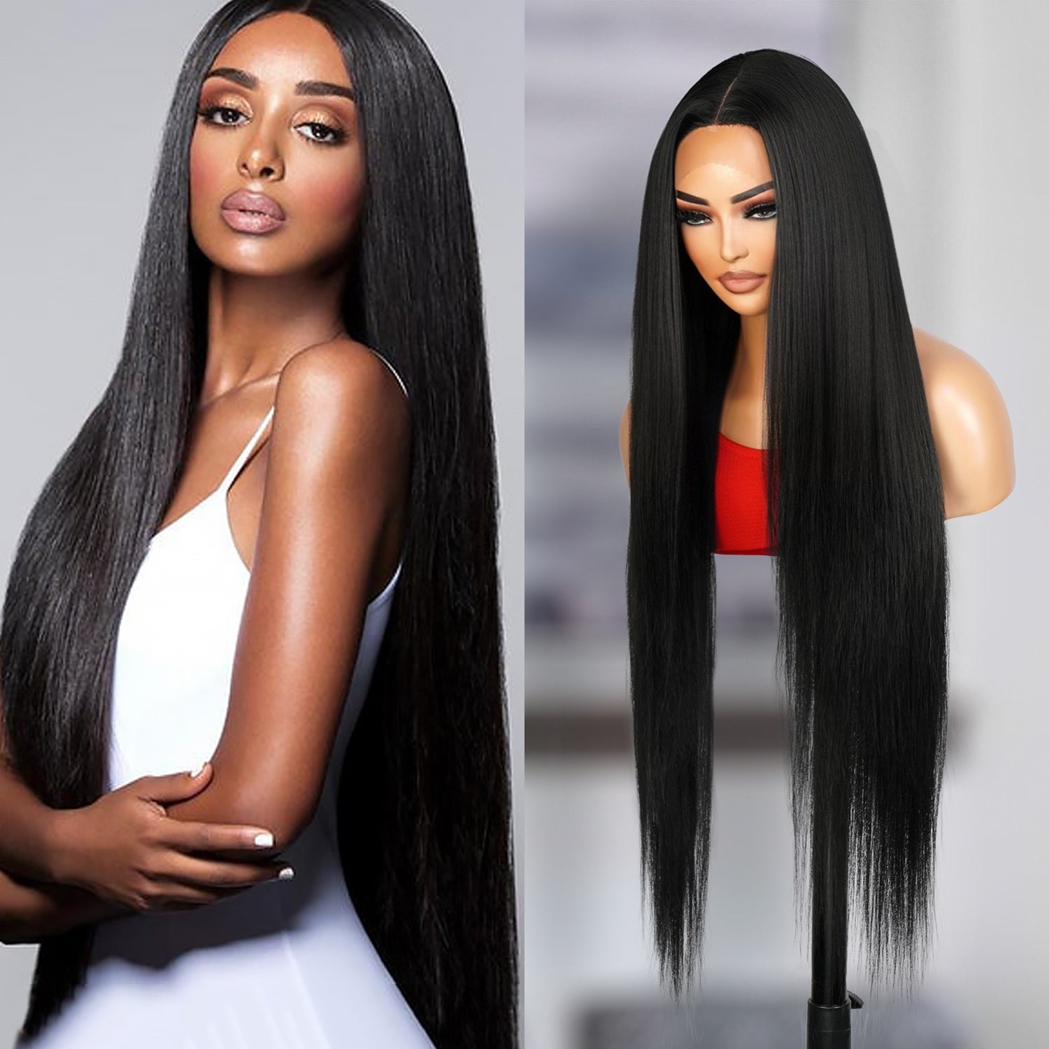 Introducing our stunning 36-inch waist-length straight Swiss lace front wig! Made with heat-resistant synthetic fibers, this wig offers a natural-looking hairline with a 4.5" deep middle center part design, perfect for black women. The soft Swiss lace front ensures comfort and security, while adjustable straps allow for a customizable fit. Elevate your style and enhance your beauty effortlessly with this must-have wig. Shop now for ultimate style and versatility!