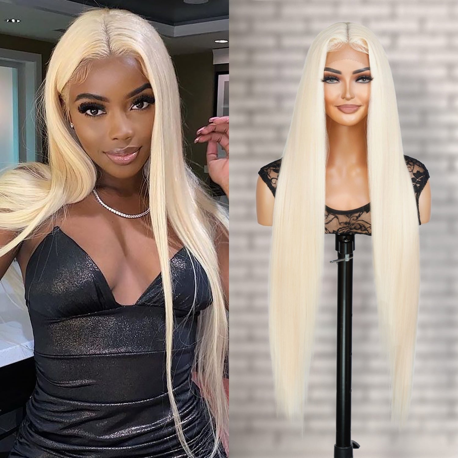 Introducing our stunning 36-inch waist-length straight Swiss lace front wig! Made with heat-resistant synthetic fibers, this wig offers a natural-looking hairline with a 4.5" deep middle center part design, perfect for black women. The soft Swiss lace front ensures comfort and security, while adjustable straps allow for a customizable fit. Elevate your style and enhance your beauty effortlessly with this must-have wig. Shop now for ultimate style and versatility!