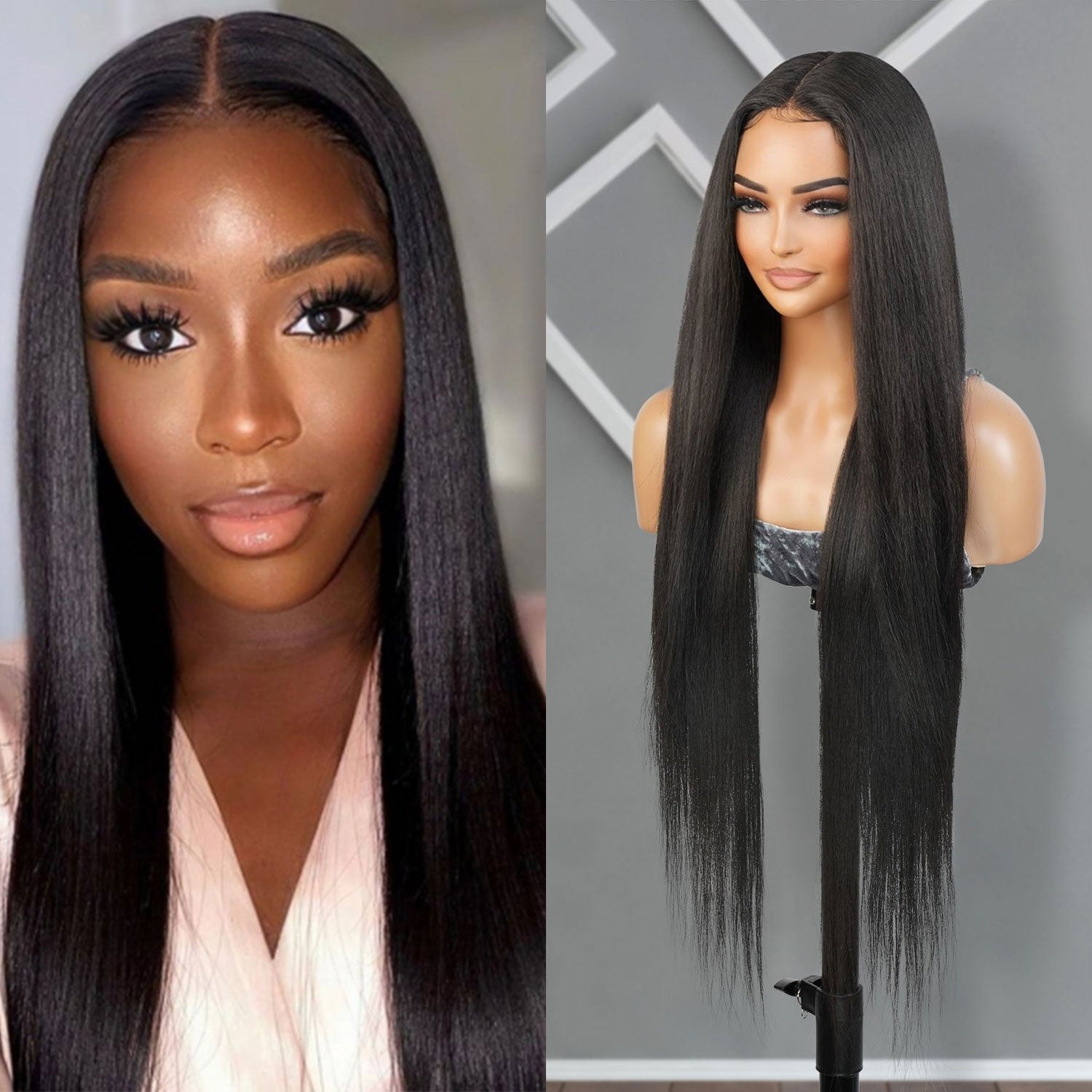 Introducing our 34-inch long waist-length straight lace front wig! Made with heat-resistant synthetic fibers, this wig offers a natural-looking hairline with a deep part design. Perfect for black women, it's easy to wear and style with adjustable straps for a comfortable fit. Shop now for ultimate style and versatility!