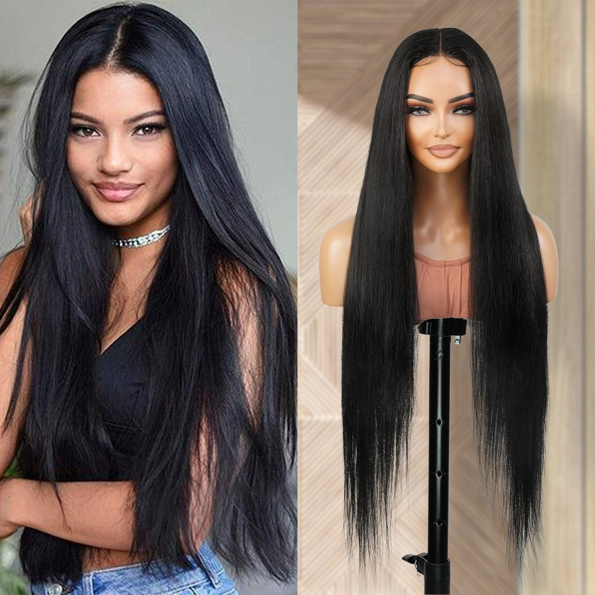 Introducing our 34-inch long waist-length straight lace front wig! Made with heat-resistant synthetic fibers, this wig offers a natural-looking hairline with a deep part design. Perfect for black women, it's easy to wear and style with adjustable straps for a comfortable fit. Shop now for ultimate style and versatility!
