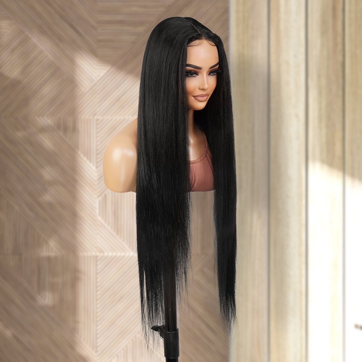 Introducing our 34-inch long waist-length straight lace front wig! Made with heat-resistant synthetic fibers, this wig offers a natural-looking hairline with a deep part design. Perfect for black women, it's easy to wear and style with adjustable straps for a comfortable fit. Shop now for ultimate style and versatility!