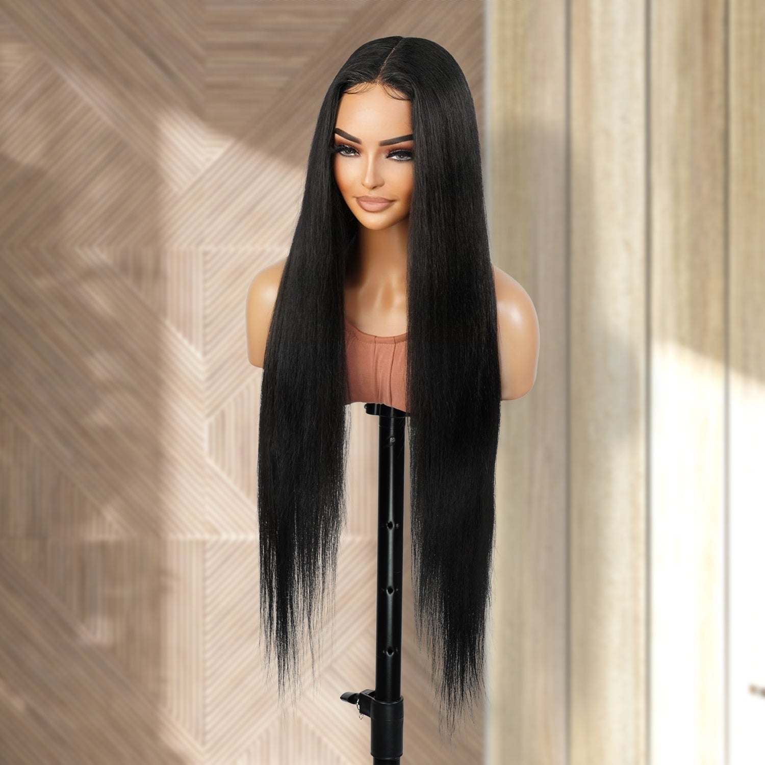 Introducing our 34-inch long waist-length straight lace front wig! Made with heat-resistant synthetic fibers, this wig offers a natural-looking hairline with a deep part design. Perfect for black women, it's easy to wear and style with adjustable straps for a comfortable fit. Shop now for ultimate style and versatility!