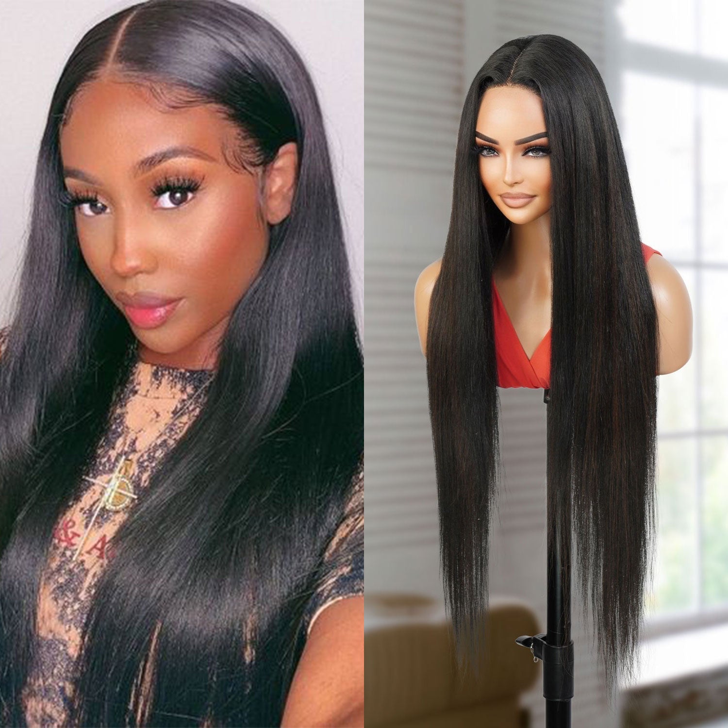 Introducing our 34-inch long waist-length straight lace front wig! Made with heat-resistant synthetic fibers, this wig offers a natural-looking hairline with a deep part design. Perfect for black women, it's easy to wear and style with adjustable straps for a comfortable fit. Shop now for ultimate style and versatility!