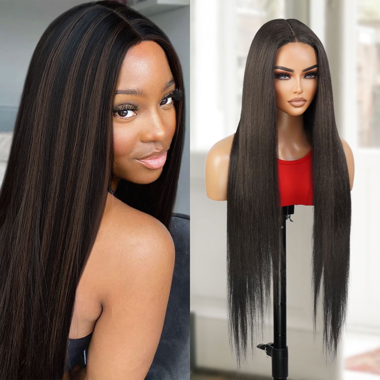 Introducing our 34-inch long waist-length straight lace front wig! Made with heat-resistant synthetic fibers, this wig offers a natural-looking hairline with a deep part design. Perfect for black women, it's easy to wear and style with adjustable straps for a comfortable fit. Shop now for ultimate style and versatility!