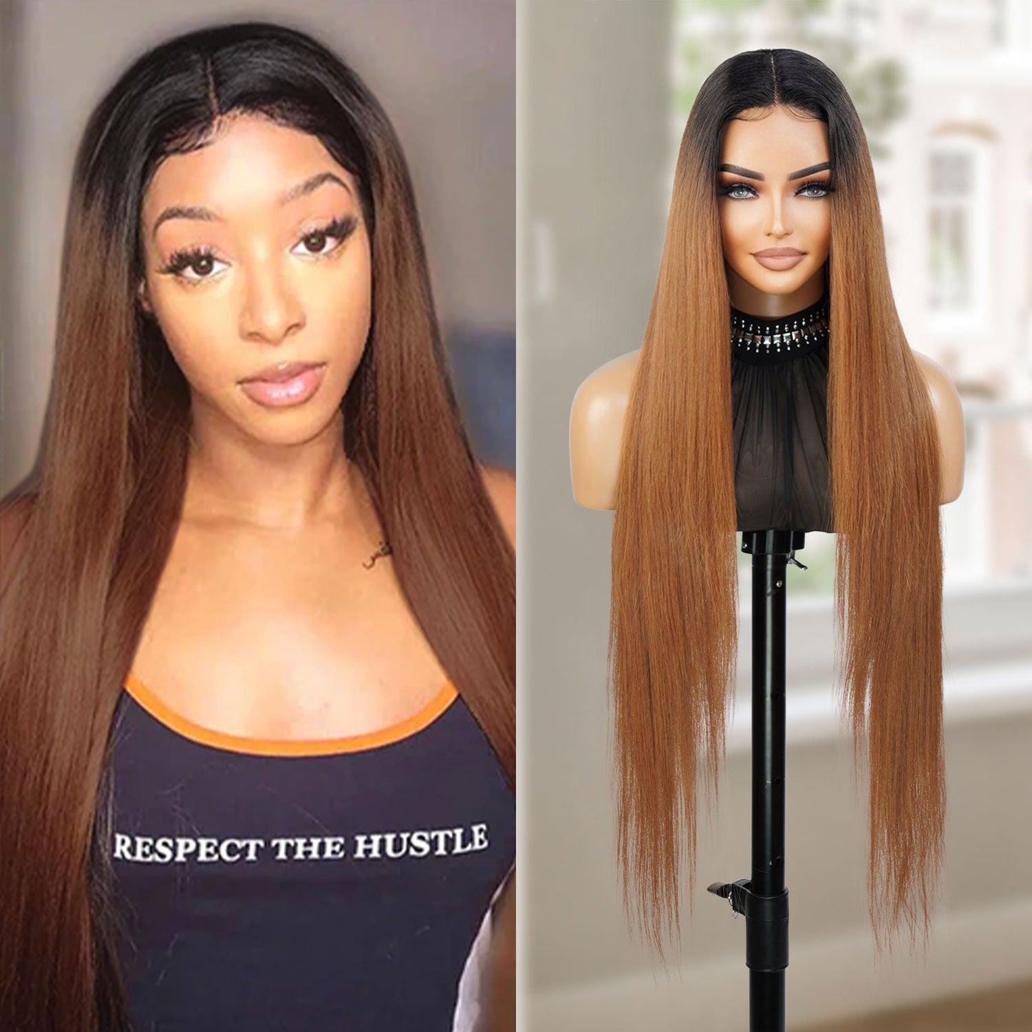 Introducing our 34-inch long waist-length straight lace front wig! Made with heat-resistant synthetic fibers, this wig offers a natural-looking hairline with a deep part design. Perfect for black women, it's easy to wear and style with adjustable straps for a comfortable fit. Shop now for ultimate style and versatility!