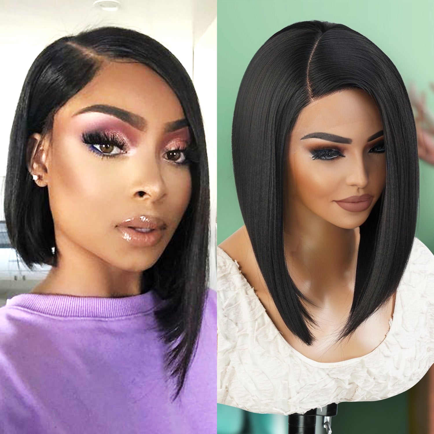 Introducing our medium asymmetrical bob straight lace front wig! Designed for black women, this wig features a deep side part for a natural-looking hairline. Made with high heat-resistant synthetic fibers, it's easy to style and maintain. Perfect for any occasion, this wig is a must-have for a style change. Shop now for ultimate style and sophistication!