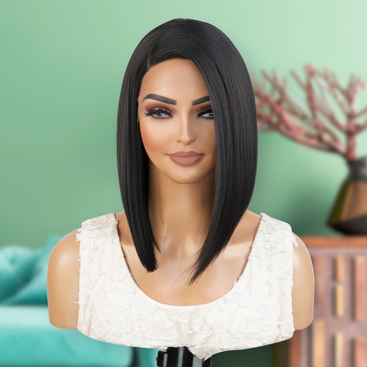 Introducing our medium asymmetrical bob straight lace front wig! Designed for black women, this wig features a deep side part for a natural-looking hairline. Made with high heat-resistant synthetic fibers, it's easy to style and maintain. Perfect for any occasion, this wig is a must-have for a style change. Shop now for ultimate style and sophistication!