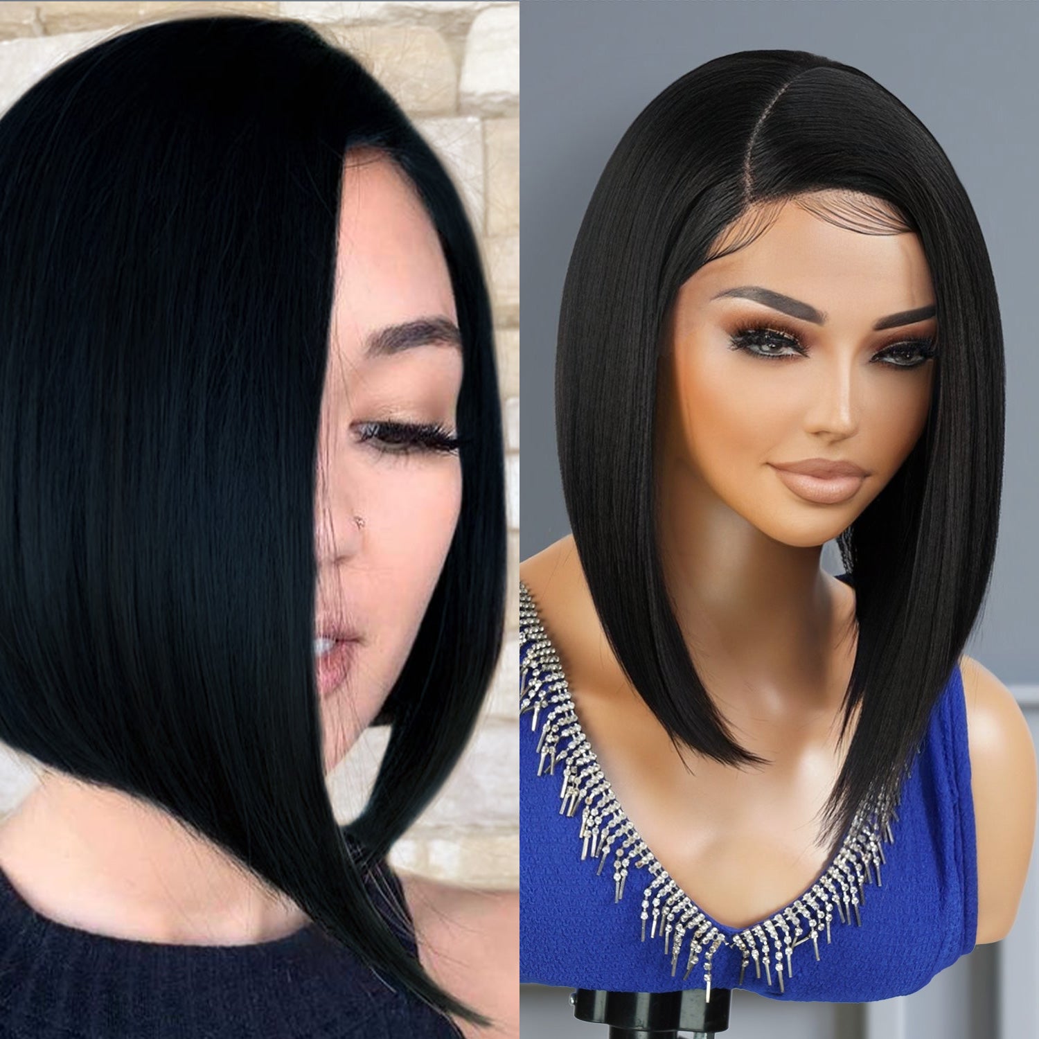 Introducing our medium asymmetrical bob straight lace front wig! Designed for black women, this wig features a deep side part for a natural-looking hairline. Made with high heat-resistant synthetic fibers, it's easy to style and maintain. Perfect for any occasion, this wig is a must-have for a style change. Shop now for ultimate style and sophistication!