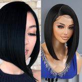 Introducing our medium asymmetrical bob straight lace front wig! Designed for black women, this wig features a deep side part for a natural-looking hairline. Made with high heat-resistant synthetic fibers, it's easy to style and maintain. Perfect for any occasion, this wig is a must-have for a style change. Shop now for ultimate style and sophistication!