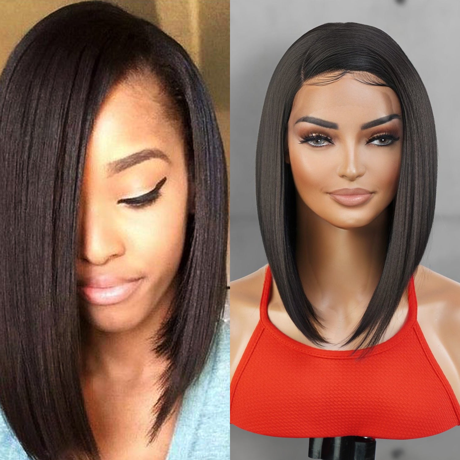 Introducing our medium asymmetrical bob straight lace front wig! Designed for black women, this wig features a deep side part for a natural-looking hairline. Made with high heat-resistant synthetic fibers, it's easy to style and maintain. Perfect for any occasion, this wig is a must-have for a style change. Shop now for ultimate style and sophistication!