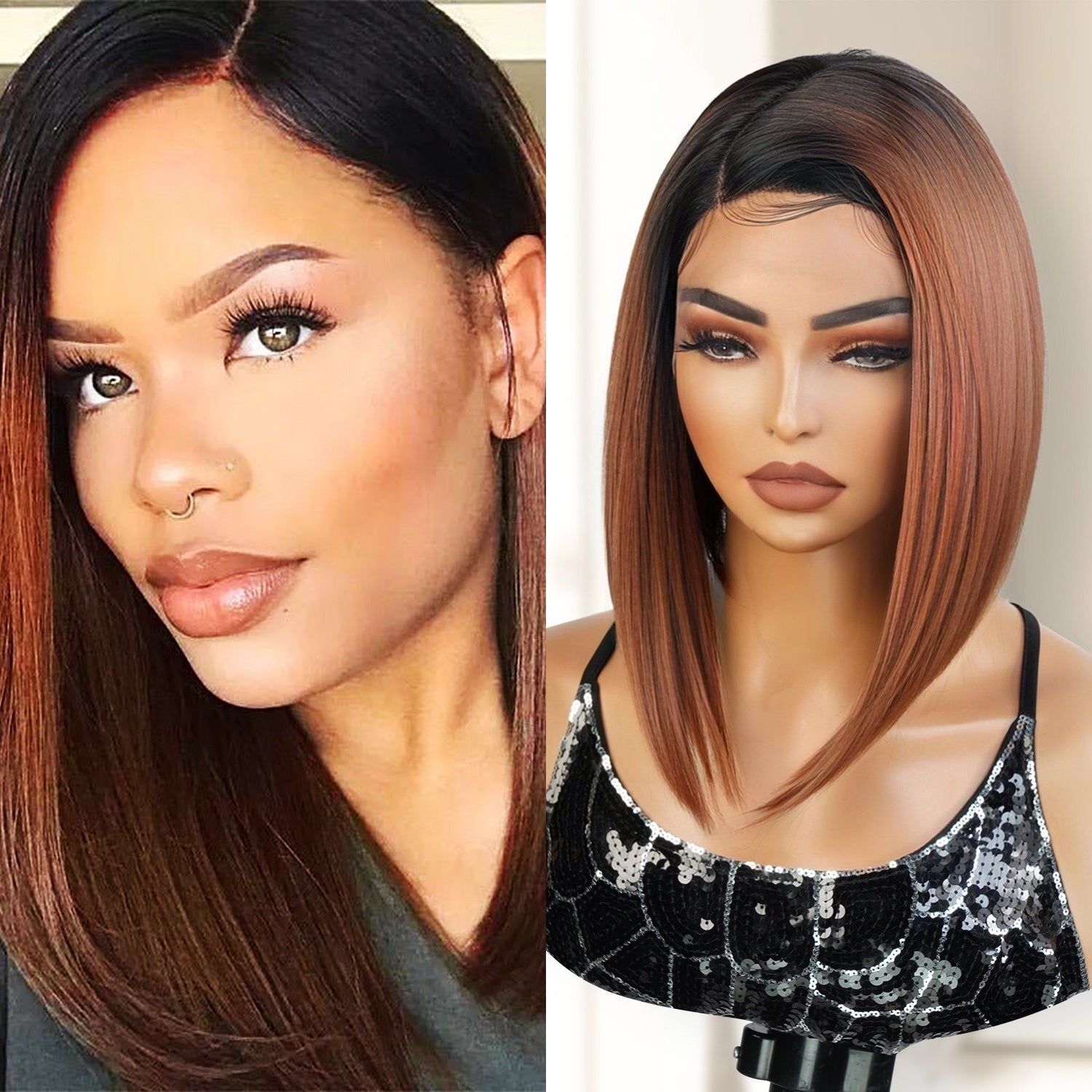 Introducing our medium asymmetrical bob straight lace front wig! Designed for black women, this wig features a deep side part for a natural-looking hairline. Made with high heat-resistant synthetic fibers, it's easy to style and maintain. Perfect for any occasion, this wig is a must-have for a style change. Shop now for ultimate style and sophistication!